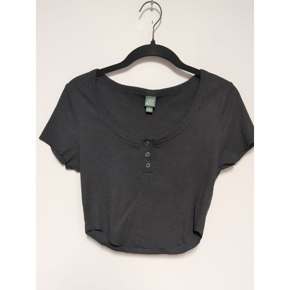 wild fable Black Ribbed Cropped Henley Top